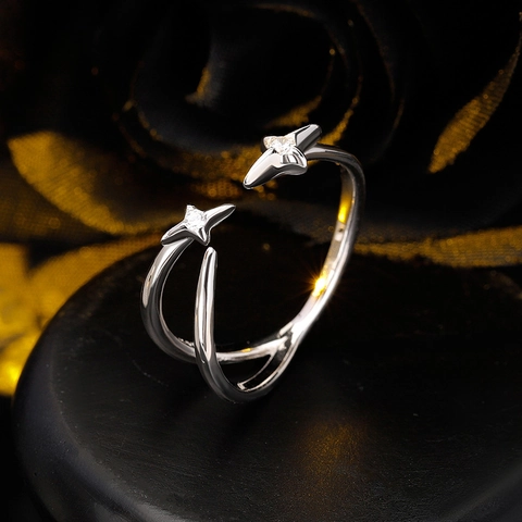 Anillo Abierto de Estrella de Plata de Ley 925 Para Mujer Minimalista Geométrico Doble Capa Ajustable Con Diamantes de Imitación