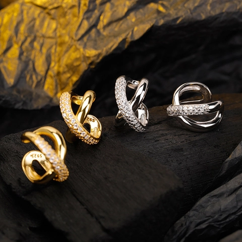 Orecchino a Fascia in Argento Sterling S925 Avvolgimento Incrociato Micro Strass Orecchini Non Perforati Donna Gioielli