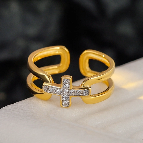 Anello Croce in Argento Sterling 925 Minimalista per Donna Bicolore Regolabile Aperto Cavo Geometrico Strass Gioielli alla Moda Regalo