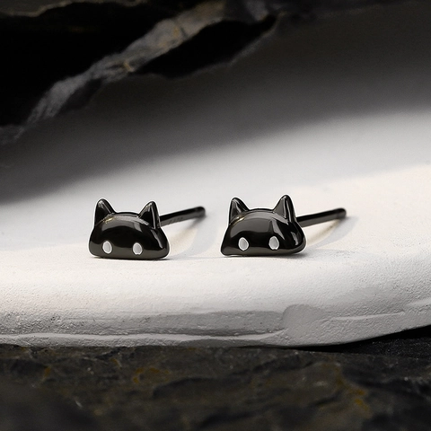 Cute S925 Sterling Silver Black Cat Stud Earrings For Women Sweet Cool Animal Design Minimalist Hypoallergenic Jewelry Gift