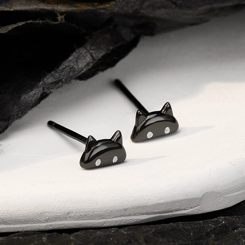 Cute S925 Sterling Silver Black Cat Stud Earrings For Women Sweet Cool Animal Design Minimalist Hypoallergenic Jewelry Gift