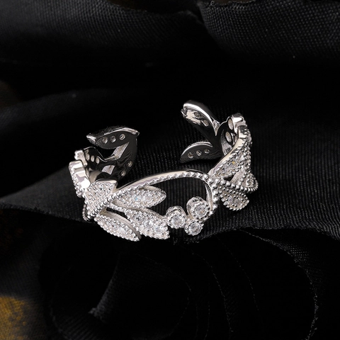 Anello Aperto a Foglia in Argento Sterling 925 per Donna Design Svuotato con Strass Incastonati Gioielli Regolabili Cinese Vintage