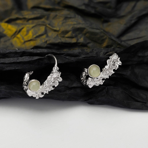 S925 Sterling Silver Flower Hoop Earrings For Women New Chinese Style Vintage Textured Green Artificial Pearl Rhinestone Jewelry