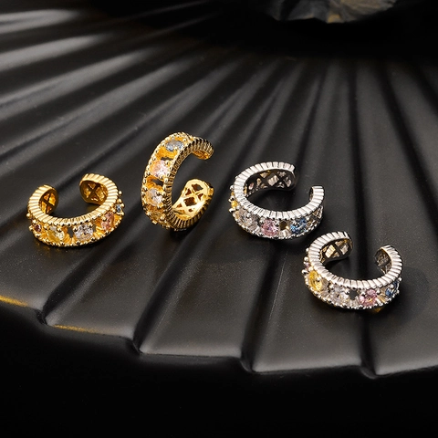 925 Sterling Silver Colorful Rhinestone Ear Cuff Non Pierced C Shape Hollow Geometric Clip On Earrings For Women Jewelry