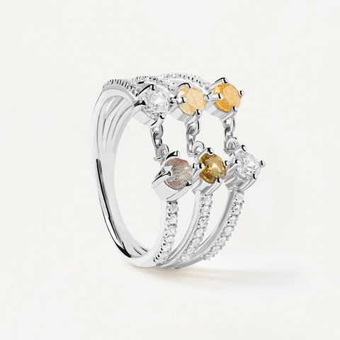 Luxury 925 Sterling Silver Triple Connected Ring Multi Color Gemstone Pave Rhinestone Adjustable Open Ring Jewelry For Women