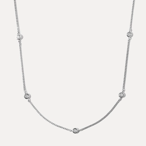 Collana Station in Argento Sterling 925 con Strass per Donna Minimalista Incastonato a Lunetta Pietra Tonda Gioielli Moda