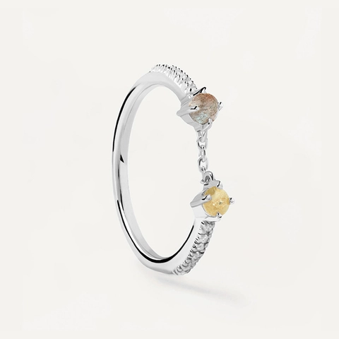 Anillo Abierto con Conexión de Cadena de Plata de Ley 925 para Mujer Elegante Anillo de Dedo Ajustable con Doble Piedra Strass
