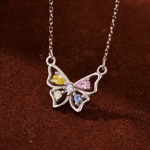 Collana con Ciondolo a Farfalla in Argento Sterling 925 Strass Colorati Micro Incastonatura Elegante Gioielli Donna
