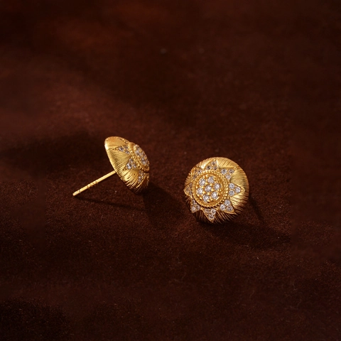 Pendientes de Botón Girasol de Plata de Ley 925 Chapado en Oro 18K Circonia Vintage Metal Cepillado Joyería Mujer