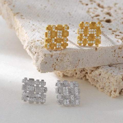 925 Sterlingsilber 18K Gold Plattiert Webgitter Quadratische Ohrstecker Mit Strass Für Damen Geometrische Hohl Mode Accessoire