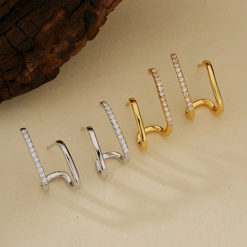 925 Sterlingsilber Doppelschicht Geometrische Ohrstecker 18K Vergoldet Strass U-Förmig Asymmetrisch Mode Schmuck Für Damen