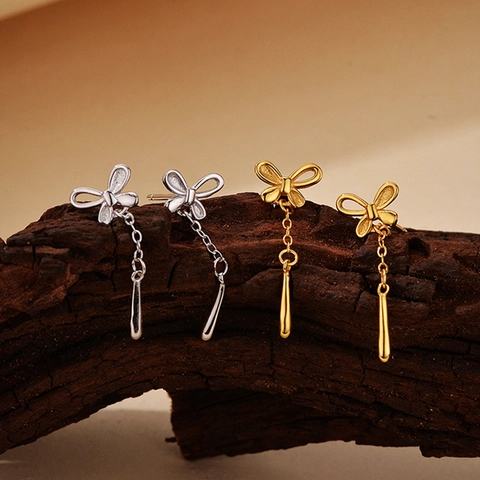Pendientes de Botón de Mariposa de Plata de Ley S925 Bañados en Oro de 18K con Colgante de Gota de Agua Borla Larga Joyería Elegante