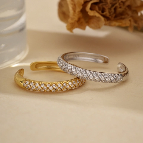925 Sterlingsilber 18K Vergoldeter Mikro Strass Offener Ring Für Damen Einstellbarer Mode Eleganter Pendeln Schmuck Geschenk