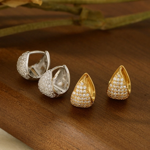 Orecchini a Cerchio in Argento Sterling 925 a Triangolo Geometrico per Donna Placcati in Oro 18K con Zirconia Intarsiata