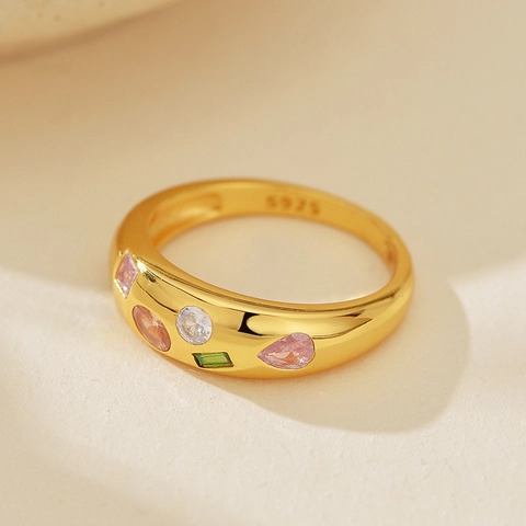 Luxury 925 Sterling Silver Colorful Zirconia Dome Ring For Women 18K Gold Plated Micro Inlay Fashion Jewelry Finger Ring