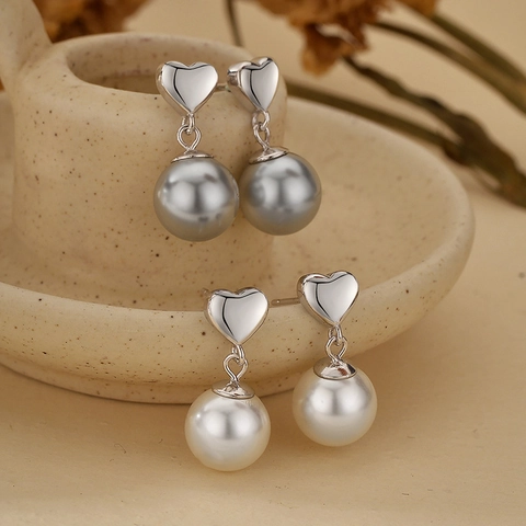 Orecchini Pendenti con Perle Artificiali a Cuore in Argento Sterling 925 Eleganti Orecchini Geometrici Placcati in Platino