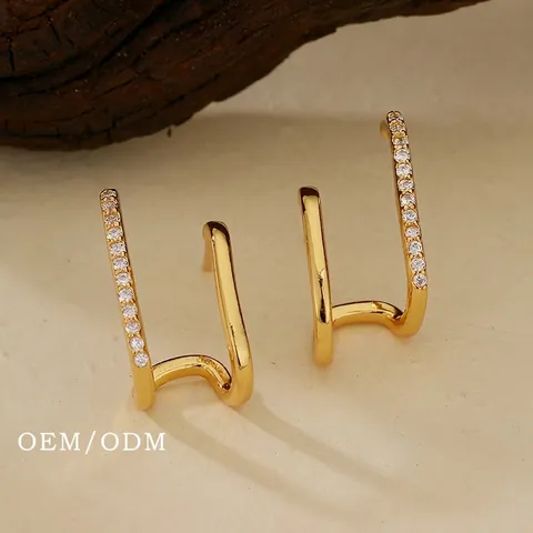 925 Sterling Silver 18K Gold Plated Asymmetric Double Layer Stud Earrings Zirconia Creative Minimalist Jewelry For Women