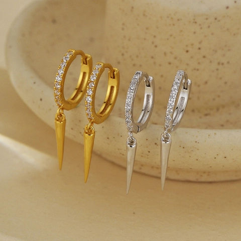 Boucles d'Oreilles Créoles en Argent Sterling 925 Pendentif Cône Triangle Pavage Strass Punk Drop Earrings Bijoux Femme