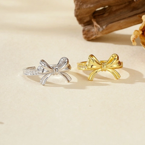 925 Sterling Silver Bowknot Adjustable Open Ring For Women Luxurious Zirconia Inlaid Korean Sweet Fashion Jewelry Elegant Finger Ring