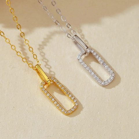S925 Sterling Silver Micro Pave Rhinestone Geometric Double Loop Necklace For Women Minimalist Clavicle Chain Jewelry