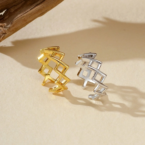 925 Sterling Silver Diamond Lattice Open Ring Minimalist Geometric Adjustable Finger Ring For Women INS Style Jewelry
