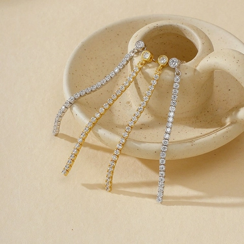 Orecchini a Bottone in Argento Sterling 925 con Nappina Lunga e Strass per Donna Eleganti Orecchini a Pendente Lineari Gioielli