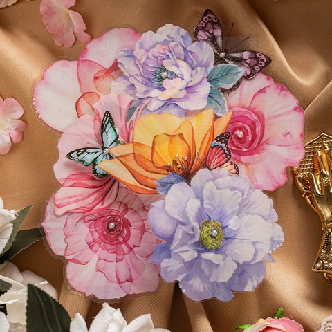 Adesivi in PET Floreali Vintage per Scrapbooking Farfalla Pianta Trasparenti Decalcomanie Decorative per Fai da Te