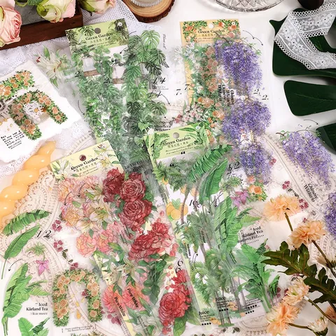 Vintage Botanical Floral PET Stickers Waterproof Decorative Decals For Scrapbooking Journaling Green Garden Series Plants
