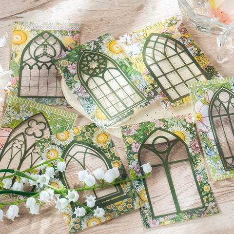 Adesivi per Scrapbooking in PET Retro Window Garden Cornice Vuota Floreale Adesivi per Diario per Decorazione Fai-da-Te