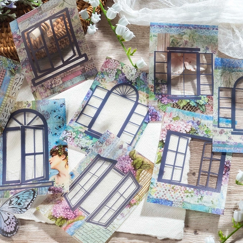Adesivi per Scrapbooking in PET Retro Window Garden Cornice Vuota Floreale Adesivi per Diario per Decorazione Fai-da-Te