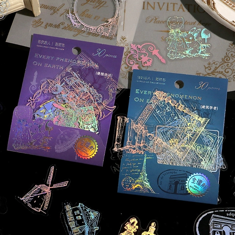 Vintage PET Sticker Pack Laser Holographic Foil Stamping Botanical Floral Architecture Scrapbook DIY Decorative Decals