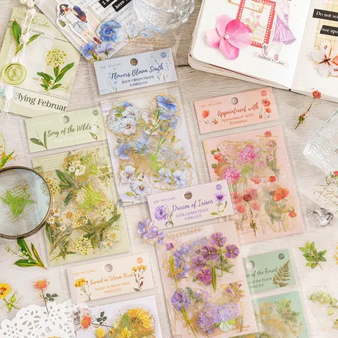 Pegatinas de PET de Flores Vintage Estampado en Oro Calcomanías Florales Trasparentes Para Scrapbooking Journaling DIY Arte