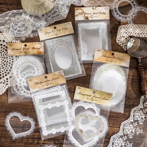 Set di Adesivi in PET in Pizzo Vintage per Scrapbooking Bordi Intagliati Adesivi Decorativi per DIY Journaling Cancelleria