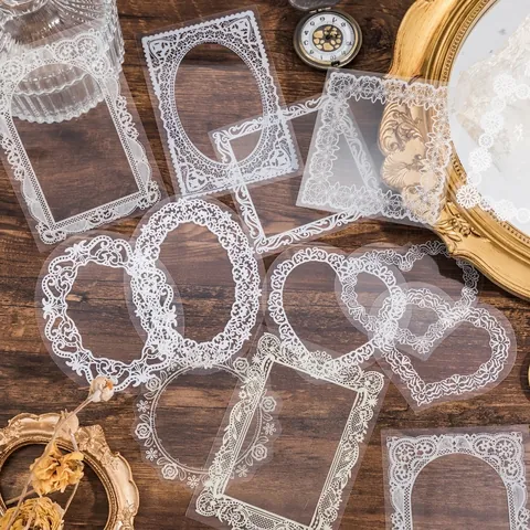 Set di Adesivi in PET in Pizzo Vintage per Scrapbooking Bordi Intagliati Adesivi Decorativi per DIY Journaling Cancelleria