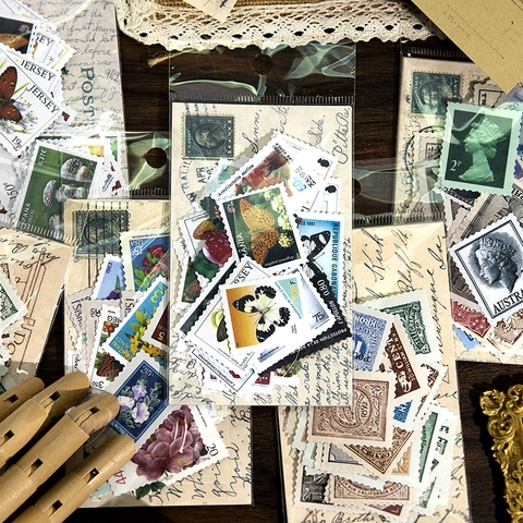 Paquete de Material de Pegatinas de Papel Washi Vintage Sello Retro Mariposa Floral Pegatinas Decorativas para Bricolaje Scrapbooking Diario Papelería