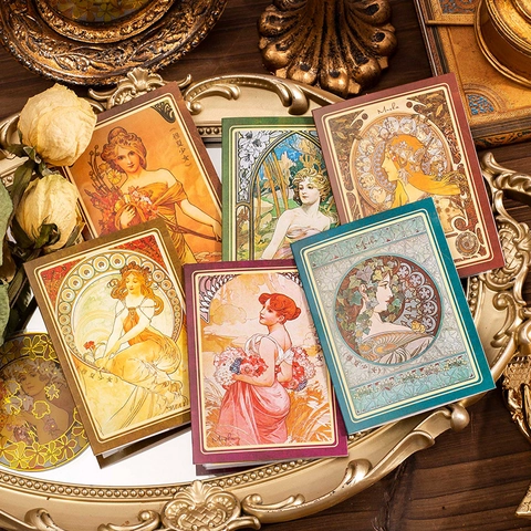 Adesivi Decorativi in PET Stile Mucha Vintage Ragazza Art Nouveau Motivo Floreale Stampa in Oro per Scrapbooking Materiale
