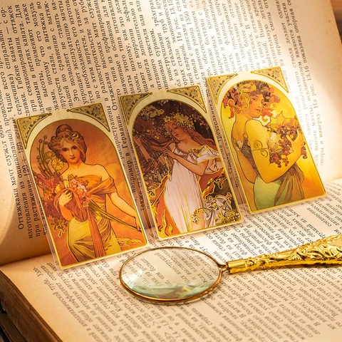 Adesivi Decorativi in PET Stile Mucha Vintage Ragazza Art Nouveau Motivo Floreale Stampa in Oro per Scrapbooking Materiale
