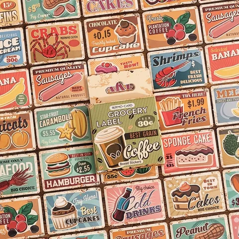 Ensemble d'Autocollants d'Étiquettes d'Épicerie Vintage en Boîte Motifs de Nourriture Papier Imprimé pour Scrapbooking Journal DIY Décor
