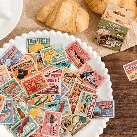 Ensemble d'Autocollants d'Étiquettes d'Épicerie Vintage en Boîte Motifs de Nourriture Papier Imprimé pour Scrapbooking Journal DIY Décor