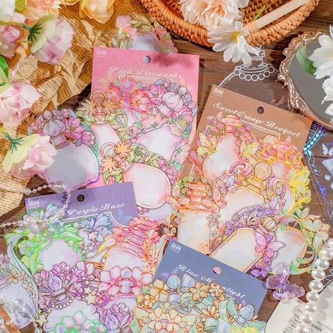 Adesivi Vintage in PET con Flacone di Profumo Floreale Materiale per Scrapbooking Decalcomanie Floreali per Fai da Te