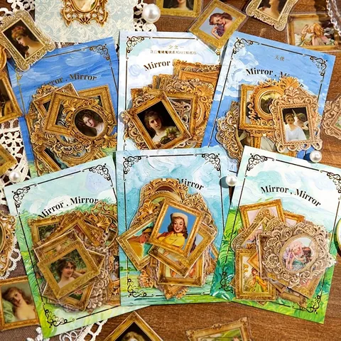 Vintage European Style PET Sticker Pack Mirror Series Retro Oil Painting Character Gold Frame Scrapbooking Decorative Stickers