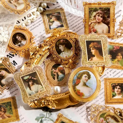 Vintage European Style PET Sticker Pack Mirror Series Retro Oil Painting Character Gold Frame Scrapbooking Decorative Stickers