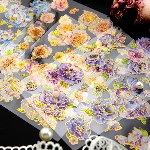 Vintage Floral PET Aufkleber Mit Goldfolierung Akzenten Retro Blume Scrapbooking Decals Für DIY Hand Account Journaling Dekoration