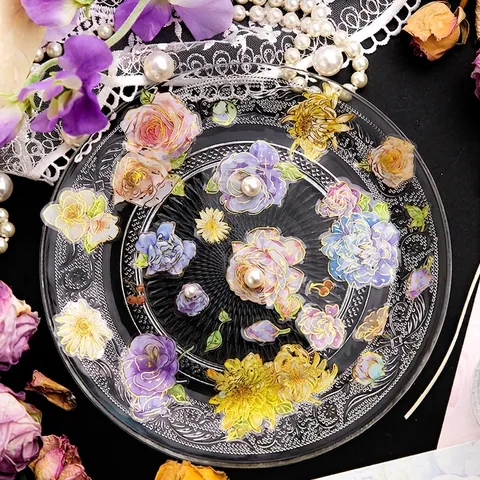 Vintage Floral PET Aufkleber Mit Goldfolierung Akzenten Retro Blume Scrapbooking Decals Für DIY Hand Account Journaling Dekoration