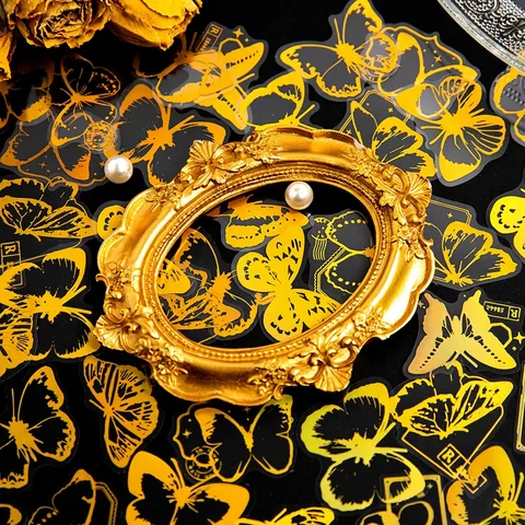 Vintage Gold Foil PET Stickers Butterfly Starry Sky Moon Floral Decorative Stickers For DIY Scrapbooking Journaling Decoration