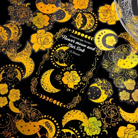 Vintage Gold Foil PET Stickers Butterfly Starry Sky Moon Floral Decorative Stickers For DIY Scrapbooking Journaling Decoration