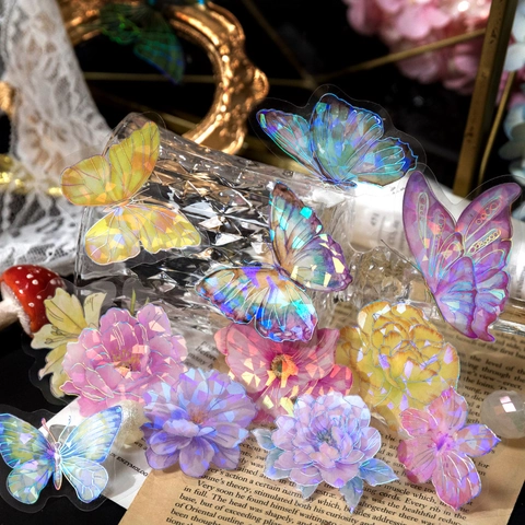 Pegatinas Vintage de PET Holográfico Láser Plata Mariposa Flor para Scrapbooking Bricolage Diario Artes Manualidades Decoración