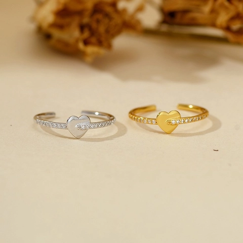 S925 Sterling Silver Heart Open Ring Rhinestone Inlaid Adjustable Finger Ring Fashion Jewelry Gift For Women Girls