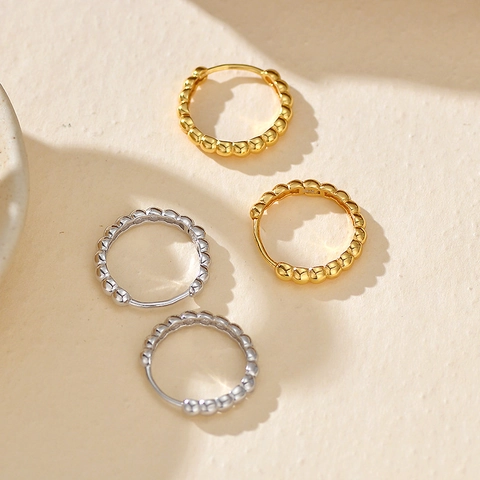 S925 Sterling Silver Beaded Hoop Earrings For Women Minimalist Bubble Textured Huggie Geometric Gold Silver Earrings Jewelry Gift