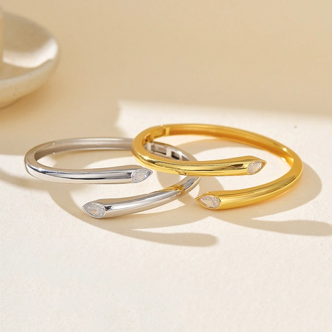 S925 Sterling Silver Pear Cut Zirconia Open Bangle Bracelet For Women Gold Platinum Plated Elegant Minimalist Hand Jewelry